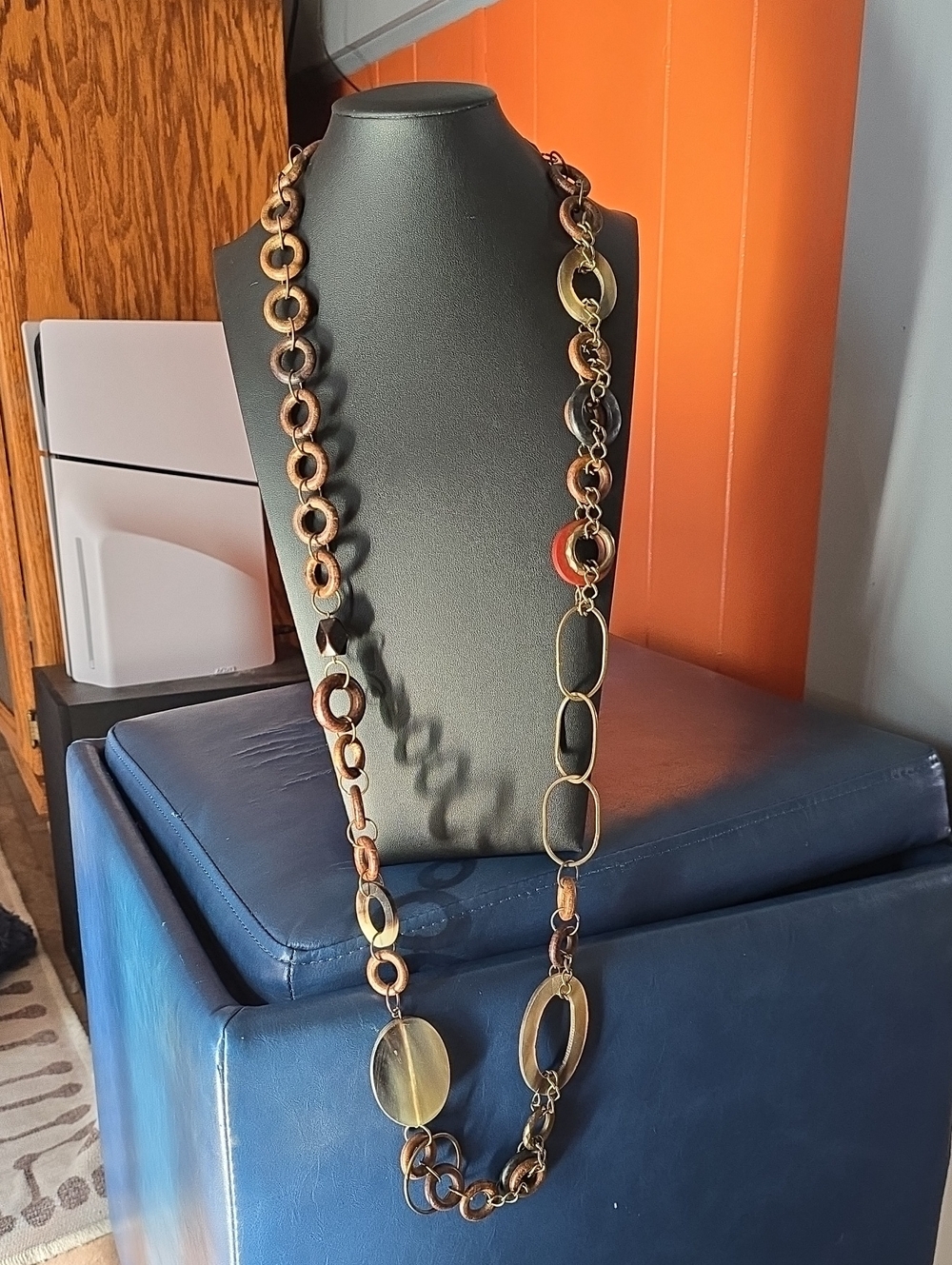 Long Brown and Gold Link Statement Necklace